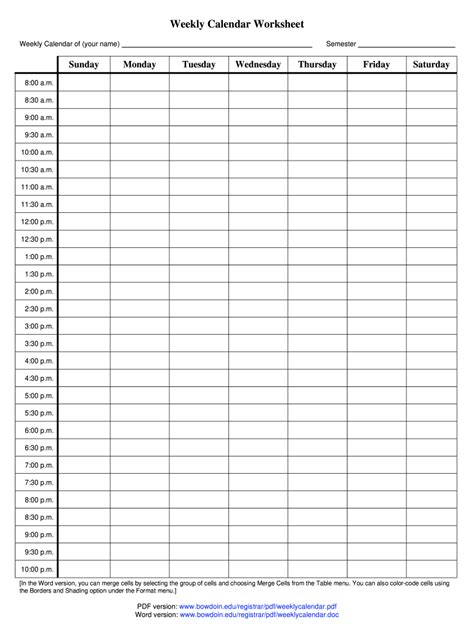 Bowdoin Weekly Calendar Worksheet Fill and Sign Printable Template