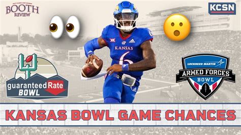 1 day ago · Kansas football will have its bowl game selected on Dec. 3. All 43 bowl games in the 2023 season will be determined on Sunday, Dec. 3. That includes the College Football Playoff. Kansas has been mentioned in the conversation for several prestigious bowl games. Those include the Pop-Tarts Bowl, which CBS projects KU to square off against Notre Dame. 