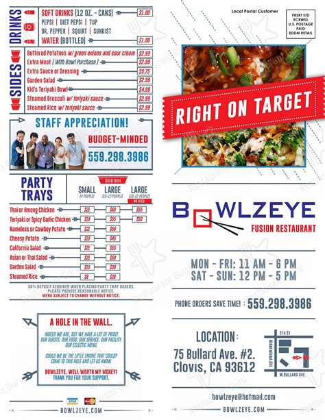Bowlzeye menu. 1 . Bowlzeye. “Great food! Love the teriyaki chicken Bowl, for the price you get a lot of food.” more. 2 . Butterfish. 3 . Maui Hawaiian BBQ. “Great teriyaki chicken bowls and extremely affordable menu! 
