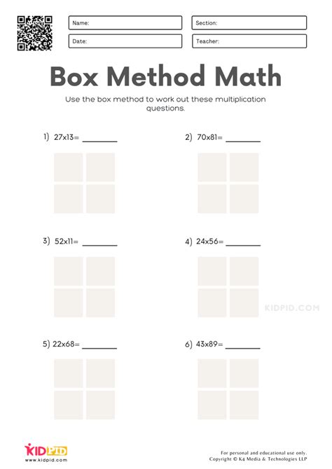 Box Method Multiplication Worksheets for 2 Digit Numbers Kidpid