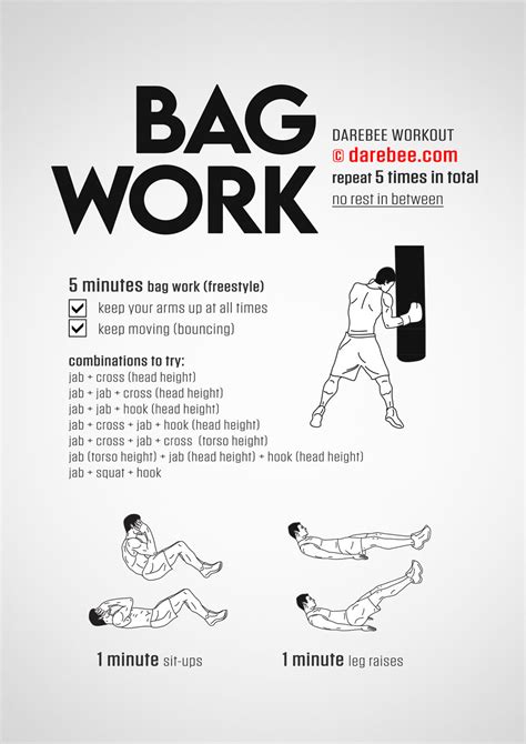 Boxing bag exercises. Beginner’s Workout Using a Punching Bag. Straight Punch-Cross combo: Perform 3 sets of 1 minute each, with a 30-second rest period in between. Hand Strikes: Execute 3 sets of 1 minute each, focusing on various hand strikes such as jabs, hooks, and uppercuts. Take a 30-second rest period between each set. 