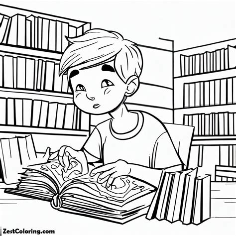 Boy Reading Books in Library Coloring Pages Boy Reading Books in