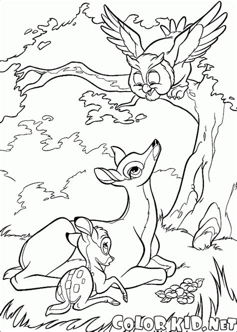 Boyama sayfası Bambi ve kuşlar.