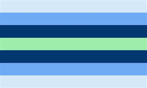 Boyflux. Boyflux pride flag colors with their hex codes, RGB values, CMYK and Pantone (PMS) numbers. The Boyflux pride flag has seven equally sized stripes – 6 of blue (different shades) and a green stripe in the middle. The hex and RGB values are in the table. The CMYK values have been calculated from the hexadecimal code. 
