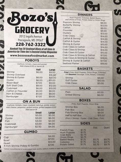 Bozo's 2.5-Oyster Bar & Grill ... Bozo's Grill Menu. POBOYS (Lettuce, Tomato, Mayo, & Pickle) Add Cheese - $.75 Add Bacon - $1.50. ... Pascagoula, MS 39567 Map .... 