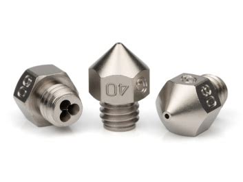 Specifications: 5 units per pack; Includes the following sizes : 0.60, 0.8, 1.0, 1.4 and 1.8mm. Nozzle Standard: M6. Optimized for 1.75mm filament, Compatible with 2.85mm filament. Requires 6mm wrench. The Bondtech CHT Nozzles are a set of 5 nozzles made with brass and coated with nickel, with a patented core heating technology.. 