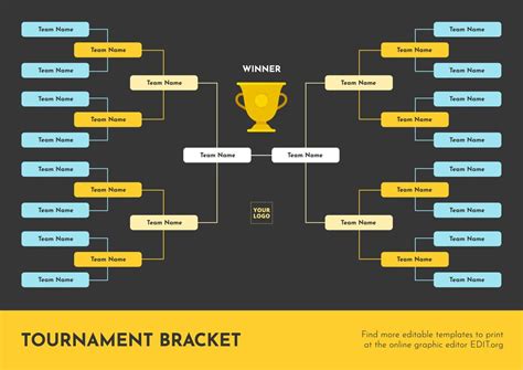 Online Tournament Brackets Diagram Genearator. Generate tournament brackets diagrams to easily manage and visualize knockout or single-elimination championships and playoffs. Make free customizable brackets, save and embed them on other websites. This will complete prefectly the online score boards. Use the slider to set the amount of competing ... . 