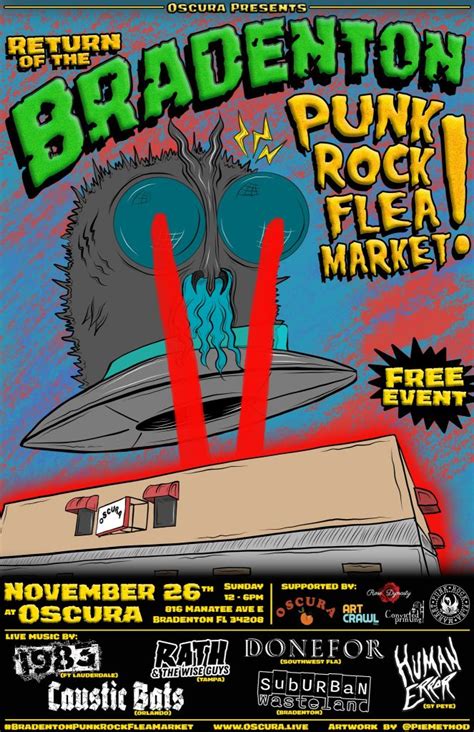 Bradenton Punk Rock Flea Market: Vol 2 @ Oscura | Oscura, Oneco, FL | November 26, 2023. Sun Nov 26 2023 at 12:00 pm to 06:00 pm. Oscura | Oneco, FL. The Return of the …. 