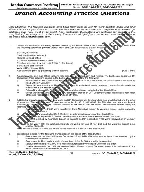 Branch Accounting Questions And Answers