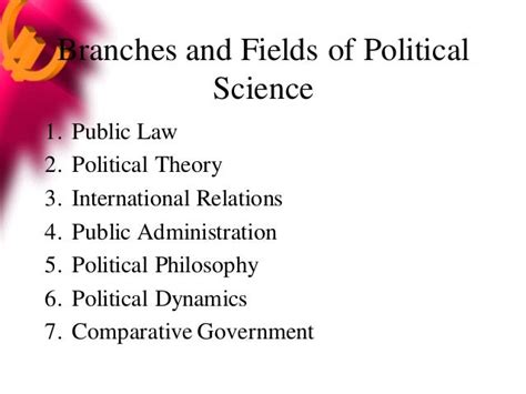 Branches of political science. Jul 28, 2022 · Political science is the study of local, state, and federal governments, political players, public discourse about politics, and relationships between politicians and between political bodies. It ... 
