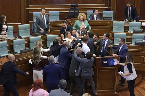 Brawl erupts in Kosovo parliament during prime minister’s speech on defusing tensions with Serbs