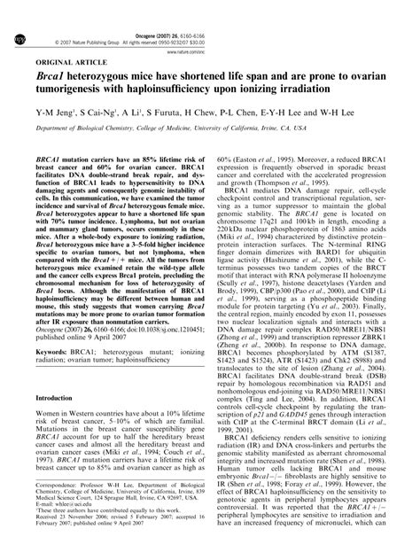 Brca1 heterozygous mice have shortened life span and are prone …