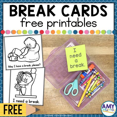 Break card. Students with autism, ADHD or other behavior needs can use these break cards to ask for a break without having to speak. These cards are the perfect visual cue for students to use before having an outburst in class. Break cards are great for special education students with autism or behavior disorders! There are 4 different card options to ... 