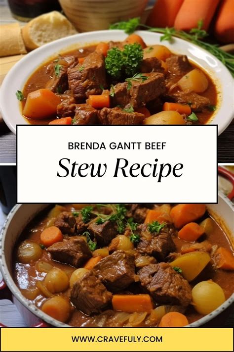 Brenda gantt beef stew. 1-1/2 cups sliced red peppers (or tomato) 2 tbsp. coconut oil. 2 tbsp. chopped garlic. 2 tsp. salt and 1 tsp. ground pepper. 4 pounds cubed beef. INSTRUCTIONS: Put ingredients in the slow cooker. Cover, and cook on low for 7 to 9 hours. The slow cooking process allows the flavors to meld together, resulting in a rich and flavorful stew. 