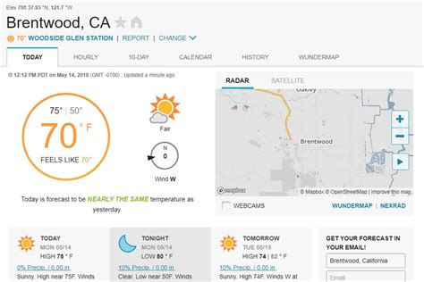 My Location: Brentwood, CA. Current Time: 12:37:20 AM PDT 2 Weather Alerts. Maps | More Weather. 15-Day Forecast [Updated: Sep 26 2023 / 08:24 PM PDT ] Day. High Temp. Low Temp. . 