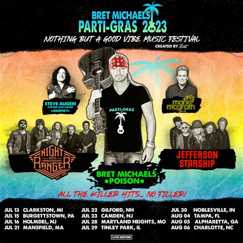 Bret michaels parti gras setlist. Get the Bret Michaels Setlist of the concert at Truman Waterfront, Key West, FL, USA on January 19, 2024 from the 2023 Parti-Gras Tour and other Bret Michaels Setlists for free on setlist.fm! 