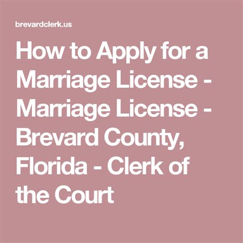 Marriage Licenses - General Information. In order to obtain a marriage license in Brevard County, the applicants must apply together, in person, at the Brevard County Clerk of Courts office. The marriage license is only valid within the State of Florida. Both parties must present their state-issued picture ID, military ID, or passport, and know .... 