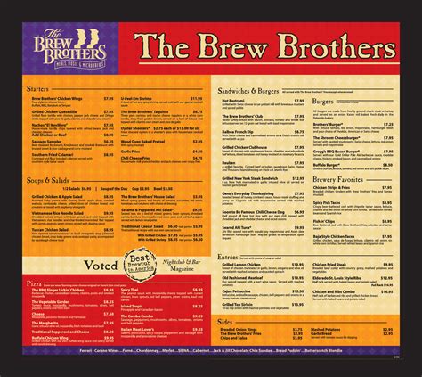 Brew brothers lake charles menu. The Brew Brothers offers 16 taps, a variety of brews and creative menu including great appetizers, pizza, salads, burgers, sandwiches and more. The Brew Brothers has also been voted “Best Microbrew” and Best Beer Selection” and names the highest-selling brewpub in North America. 