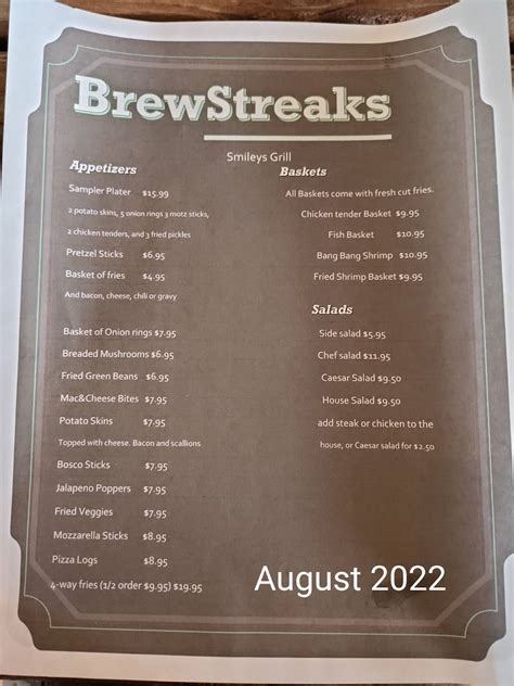 Brewstreaks menu. Here's a picture of our specials tonight and our current menu Stop up and eat with us 