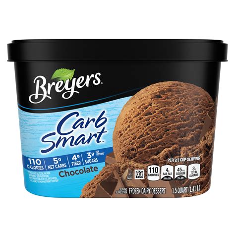 Breyers carb smart. Details. Per 2/3 Cup Serving: 110 calories; 4.5 g sat fat (23% DV); 40 mg sodium (2% DV); 3 g total sugars. 5 g net carbs; 4 g fiber per serving (contains 6 g ... 