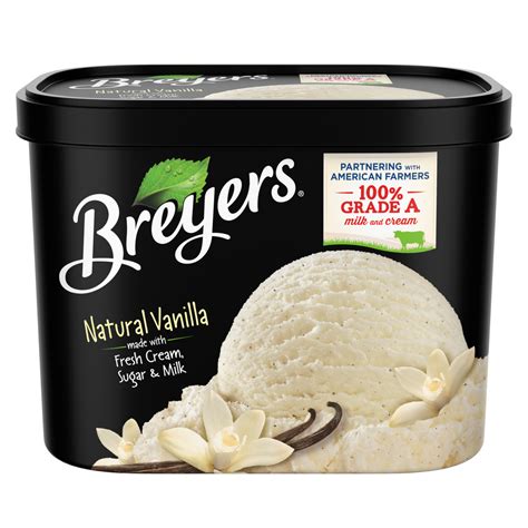 Breyers natural vanilla. Nothing beats the delicious taste of Breyers® Natural Vanilla ice cream - it's the perfect pair to your favorite desserts. Ice cream made with sustainably farmed, Rainforest Alliance Certified vanilla beans and vanilla bean specks you can see. Breyers® partners with American Farmers to ensure its ice cream contain 100% Grade A milk and cream. 