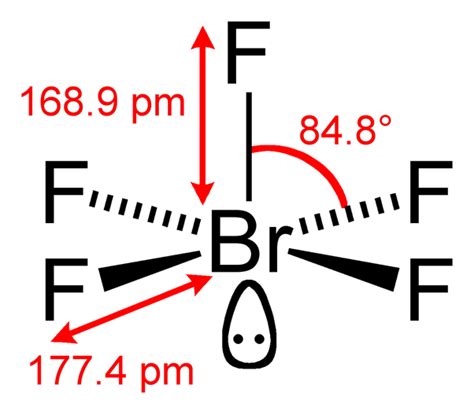 Brf5 bond angle. Overview: BrF5 electron and molecular geometry. According to the VSEPR theory, the BrF5 molecule ion possesses square pyramidal molecular geometry. Because the center atom, bromine, has five Br-F bonds with the five fluorine atoms surrounding it. The F-Br-F bond angle is 90 degrees in the square pyramidal BrF5 molecular geometry. 