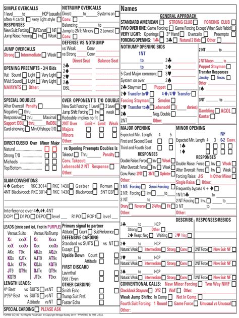 Bridge Convention Card Template