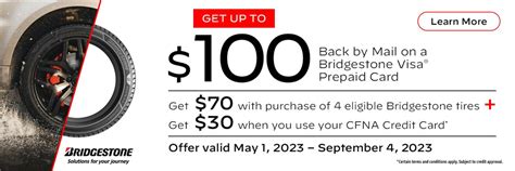 Submit Your Claim Online at BridgestoneRewards.com 1 Select Submit Claim from the homepage. 3 Enter your shipping information. Follow the prompts to enter information about your purchase and upload your invoices. 2 5B45G8-105-BATO May 1 - September 4, 2023: Get $70 back by mail on a Bridgestone Visa® Prepaid Card with. 