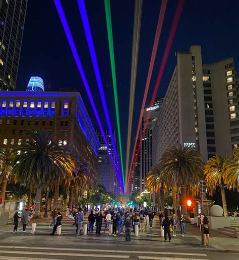 Bright laser rainbow flag returning to Market Street in San Francisco