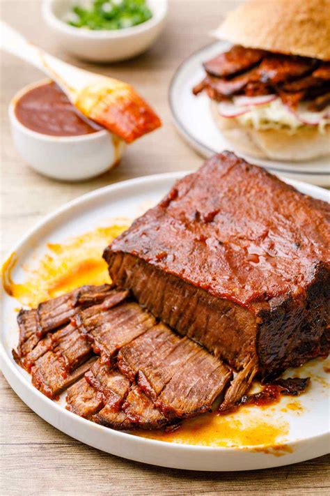 Brisket in an instant pot. Season your meats as usual, heat a bit of oil, sear them lightly, add 1 cup of water, cook for about 20 minutess at medium pressure, remove the pan from the stove and add 2 cups liquid. Cook for 15 minuts at low pressure. Remove the lid and cook until the internal temperature reaches 160°F. 