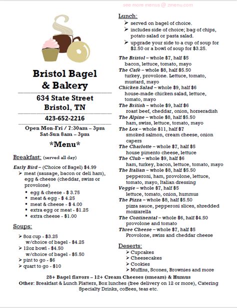 Bristol bagel and bakery menu. Includes side of choice: chips, potato salad or pasta salad. Upgrade side to a cup or bowl of soup for an additional cost. The Pizza (Hot Sandwich) Pizza sauce, pepperoni slices, shredded mozzarella. $14.40. - -. The Italian (Hot Sandwich) Pepperoni, ham, provolone, lettuce, tomato, mayo, Italian dressing. $13.20. 