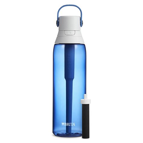 Brita filtered water bottle. The BPA-free Brita Premium Filtering Bottle holds 26 oz of water, and is designed with a Brita filter that fits in the straw and makes water taste great Get great tasting water without the waste; by switching to Brita, you can save money and replace 1,800 single-use plastic water bottles* a year 
