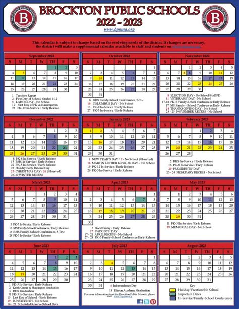 Brockton schools calendar. The 2023/24 School Calendar was approved by the Board of Education on March 7, 2023 and includes the following key dates: Winter Break: two weeks, December 25, 2023 to January 5, 2024, inclusive. Last day of student attendance is Friday, December 22, 2023. Students will return to school on Monday, January 8, 2024. 