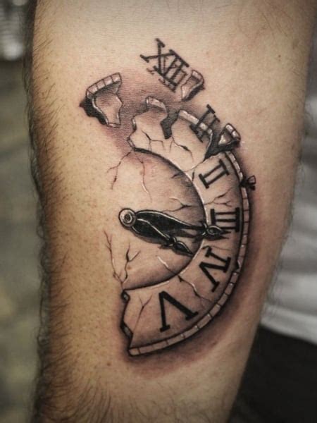 Peter Pan with the broken Clock Tattoo Design on Forearm; Generally, broken clock tattoos represent anxiety, distance, stillness, bad luck, death, and stagnant growth. It also describes the nature of the wearer who might want to hold or remove a moment from their life. Peter Pan Skeleton Tattoo Design on Forearm. 