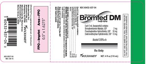 Bromfed dm ingredients. Bromfed ® DM Cough Syrup is a clear, light pink-colored, butterscotch-flavored syrup containing in each 5 mL (1 teaspoonful) brompheniramine maleate 2 mg, pseudoephedrine hydrochloride 30 mg and dextromethorphan hydrobromide 10 mg, available in the following sizes: 4 fl oz (118 mL) NDC 60432-837-04. 1 Pint (473 mL) … 