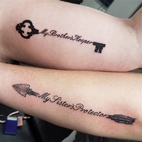 Brother and sister sibling tattoos. 1. Matching tattoos. Matching tattoos are a classic way to show your sibling solidarity. You could get matching designs of any kind – you could get a heart and arrow matching sister tattoos like Serena and Venus Williams, or an infinity symbol like Lil Wayne and his younger sibling. The possibilities are endless. 