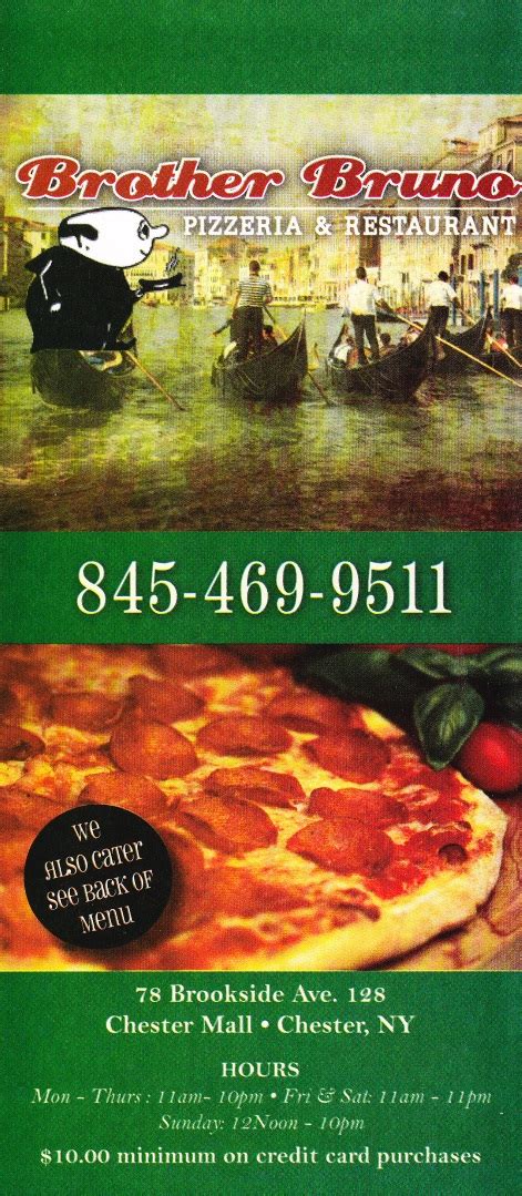 Brother brunos chester ny. Find all the information for Brother Brunos Pizzeria & Restaurant on MerchantCircle. Call: 845-469-9511, get directions to Chester Mall, Chester, NY, 10918, company website, reviews, ratings, and more! 