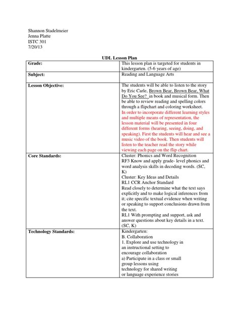 Brown Bear UDL Lesson Plan Revised Lesson Plan Learning Styles