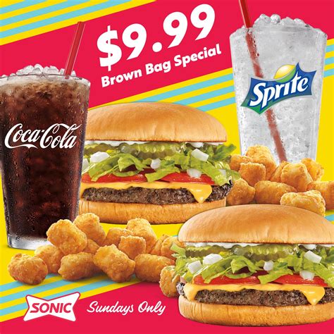 Brown bag special sonic. With our Brown Bag Special, you get two Single-Patty Cheeseburgers, two medium Tots and two medium Drinks, all for just $9.99. Yep, you counted that right. It's available every Sunday for a limited... 