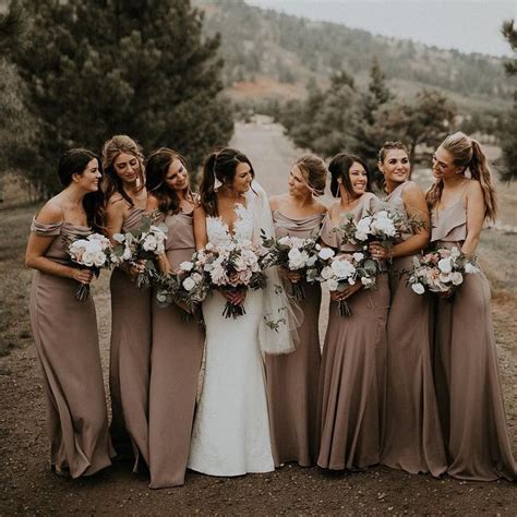 Brown bridesmaid dresses. 4. 5. David's Bridal has neutral bridesmaid dresses in ivory, beige, taupe, & nude shades in both short & long lengths, all at amazing prices! Shop online or in store! 