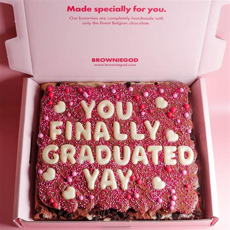 Browniegod. Our 20 piece Graduation Slab is the perfect way to celebrate the big milestone! Choose your favourite flavour topped with a chocolate graduation hat and diploma perfect for the occasion. Baked fresh every day, available to order online for UK delivery. 