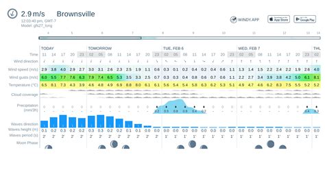 Brownsville 10 day forecast. The wind forecast shows the strongest expected 10-minute average wind speed of the day. Please note that especially in inland locations wind gusts can be up to 1,5 to 2,5 times stronger than the 10-minute average wind speed. The total precipitation forecast gives the expected total precipitation for the whole 24-hour day. 