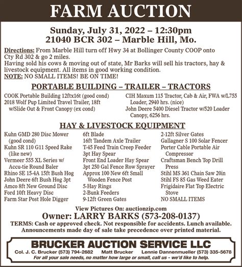 Brucker Auction Service(Contact) Save This Photo. Oct 29 12:30PM. 4344 State Highway 77, Benton, Mo. View Full Photo Gallery for this sale >>. Browse Photos of Items at auction from Brucker Auction Service in Benton,MO on AuctionZip today. View full listings, live and online auctions, photos, and more..