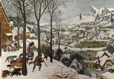 With virtuosity and consistency Bruegel evokes the impression of cold: white, blue-green and brown are the dominant colours. The precise silhouette of the trees, the frozen mill-wheel at the lower right and the icy surface of the snow revealed by the hunters’ footprints blend together to convey the fundamental characteristics of winter..