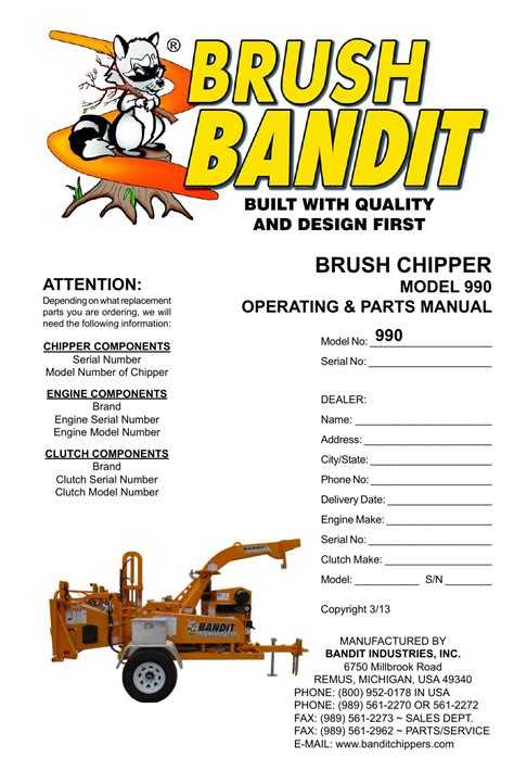 Brush bandit model 100 service manual. - Ufo hunter a sky hunters guide to the unexplained.