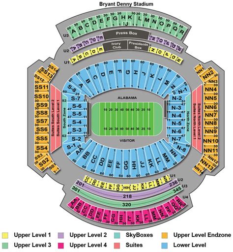 Bryant-denny stadium seating chart. More Seating at Bryant-Denny Stadium. Shaded & Covered Seats. Champion's Club. Field Suites. Ivory Club and President's Box. Loge Boxes. North and South Zone Club. Seats with Backs. Terrace Club. Visitor Section. All Seating. Interactive Seating Chart. Event Schedule. 30 Aug. 2024 Alabama Crimson Tide Football Season Tickets. Bryant … 