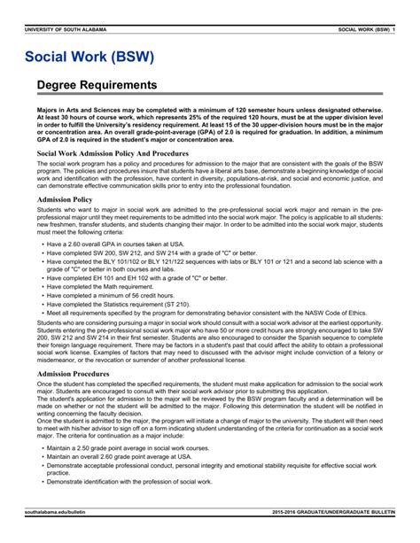 Bsw degree requirements. 2019 enrollees and beyond. To earn a Bachelor of Social Work, you must successfully complete a total of 120 credit hours comprised of: 120 credits in the degree including 33 hours in the Booth University College core Curriculum, 18 hours of general electives and 69 hours in the discipline (57 credits required, 12 credits electives). 