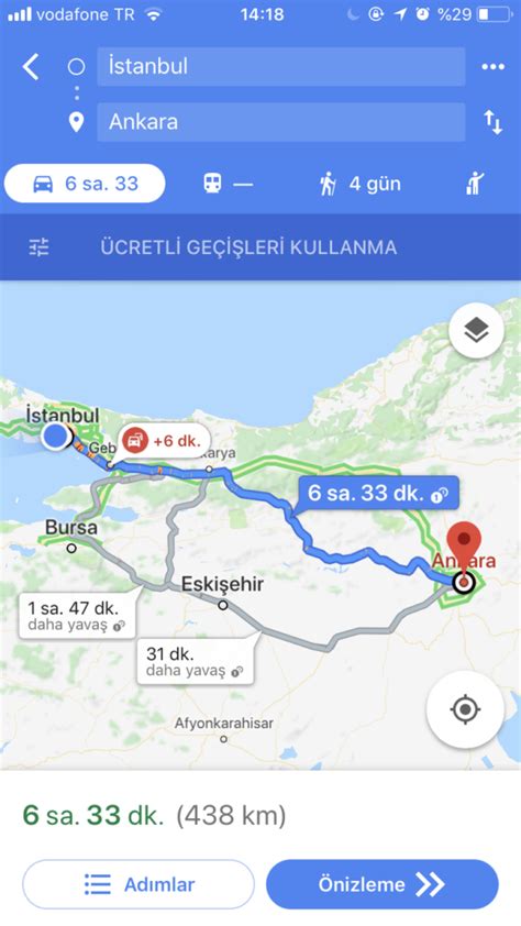 Bu mesafeyi aracınızla 10 saat 58 dakika gibi bir tahmini bir sürede alabilirsiniz, yani şimdi yola çıksanız, saat 05:40 gibi varmış olursunuz.