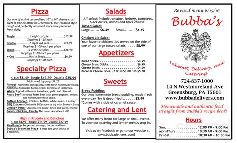 Bubba's greensburg. The Nowicki family has a long traditon of making great polish food. We make all of our food daily. This includes pierogies,haluski, halupki, pizza, tomato pie, chicken lips, and ect... 