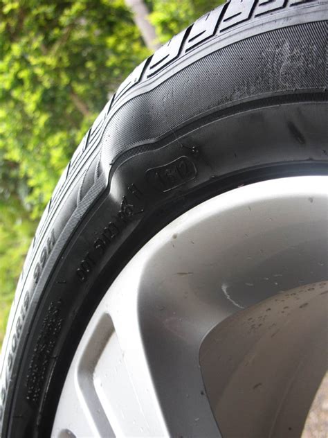 Bubble in tire sidewall. Also, when the sidewall damage is too much, you notice an air bubble on it. This air bubble is a pointer that it might blow pretty soon. If it comes to this, you should take the tire to a repair store so that an expert can have a look at it. Either way, we recommend replacing such a tire instead of trying to fix it. 
